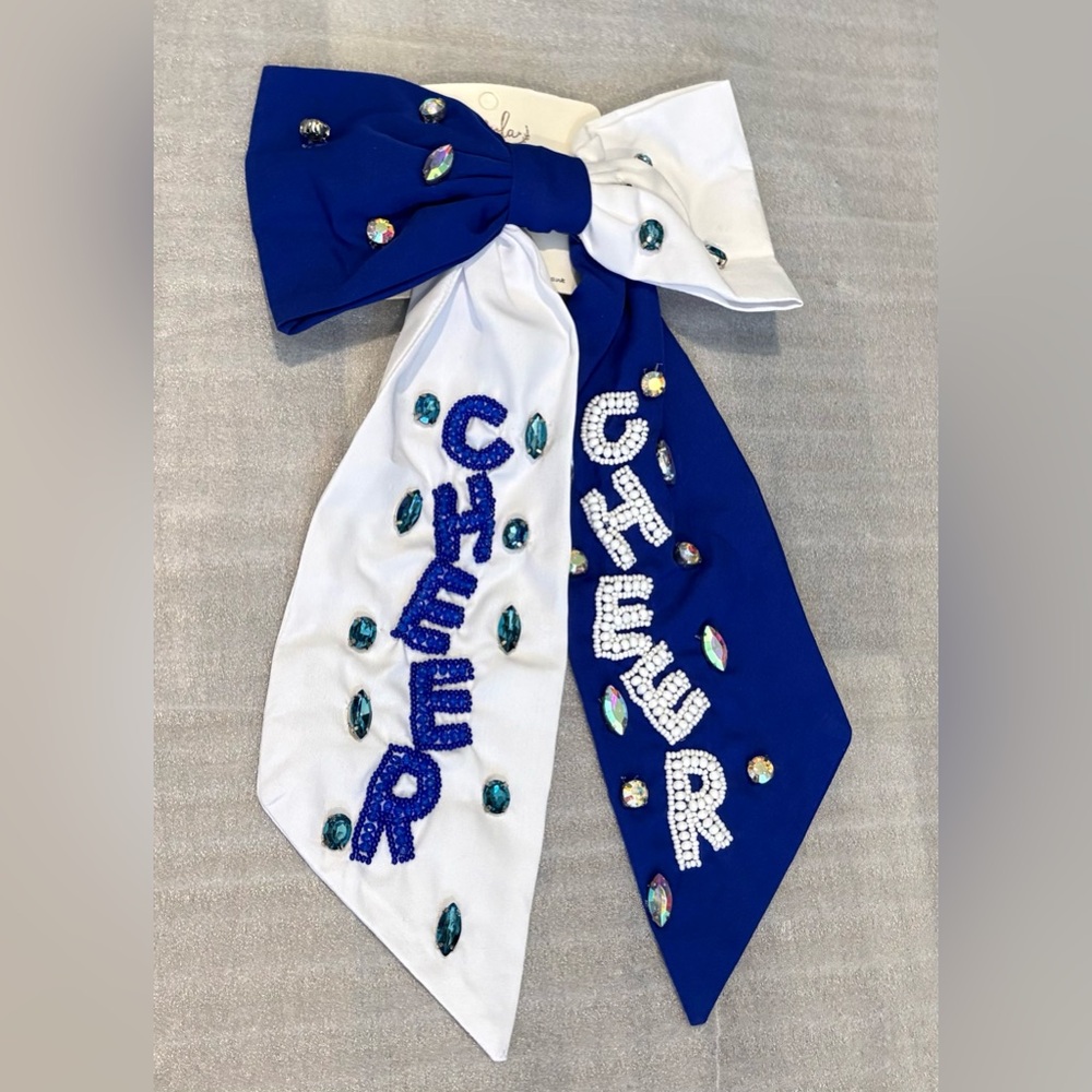 Blue and White Cheer Bow with Gem Accents
